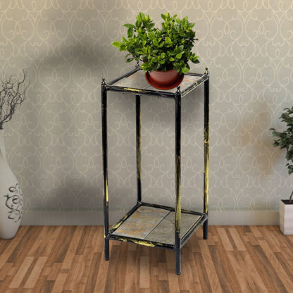 2 Tier Square Stone Top Plant Stand with Metal Frame, Small, Black and Gray - View 6