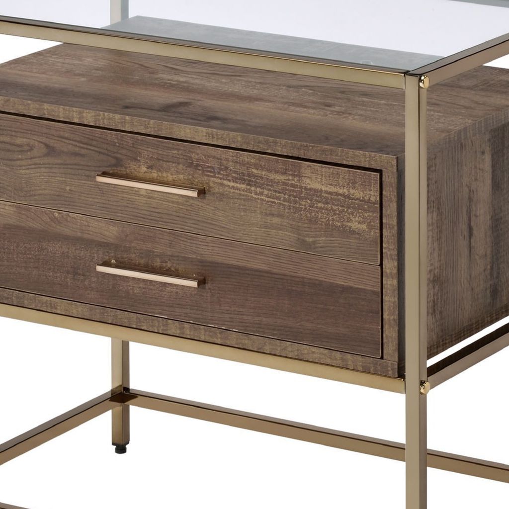 Accent Table with 2 Drawers and Metal Frame Glass Top, Brown and Gold - View 5