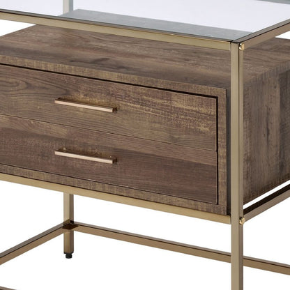 Accent Table with 2 Drawers and Metal Frame Glass Top, Brown and Gold - View 5