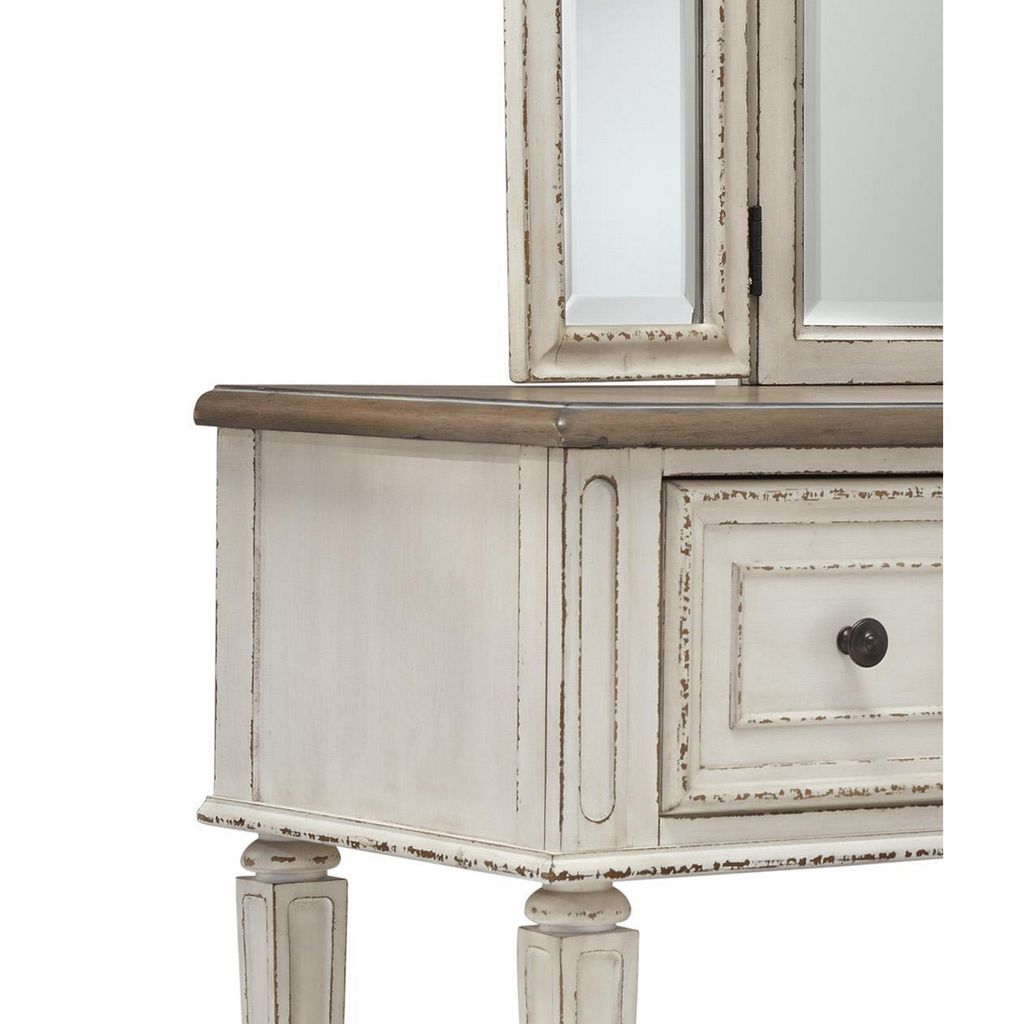 Wooden Mirror Stool Set with Square Tapered Legs, Antique White, Brown - View 3