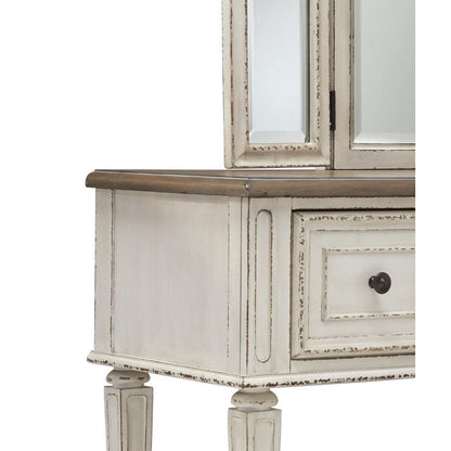 Wooden Mirror Stool Set with Square Tapered Legs, Antique White, Brown - View 3