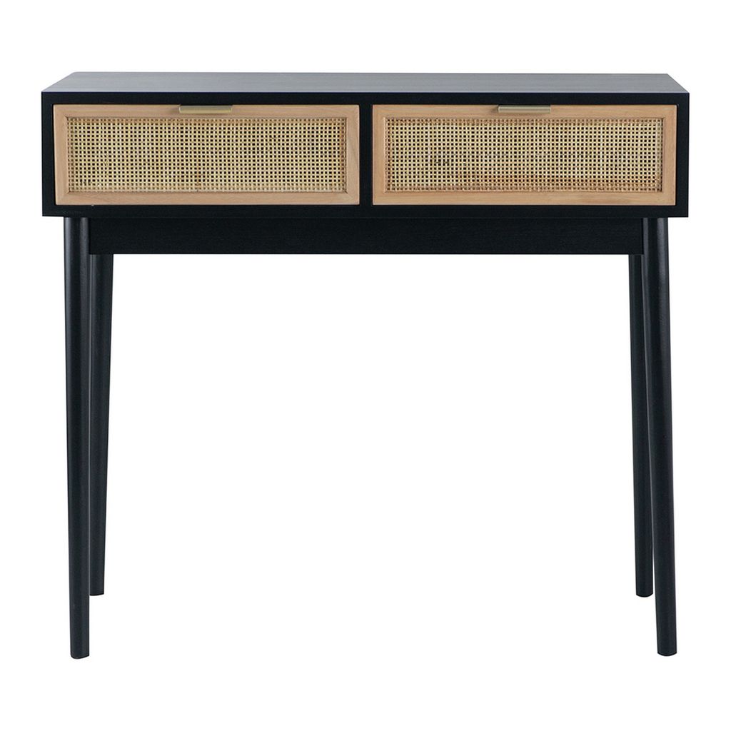 Ela 35 Inch 2 Drawer Wood Console Table, Woven Rattan Panels, Brown, Black - View 2
