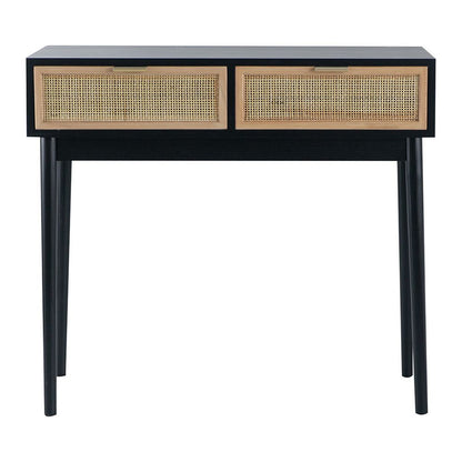 Ela 35 Inch 2 Drawer Wood Console Table, Woven Rattan Panels, Brown, Black - View 2