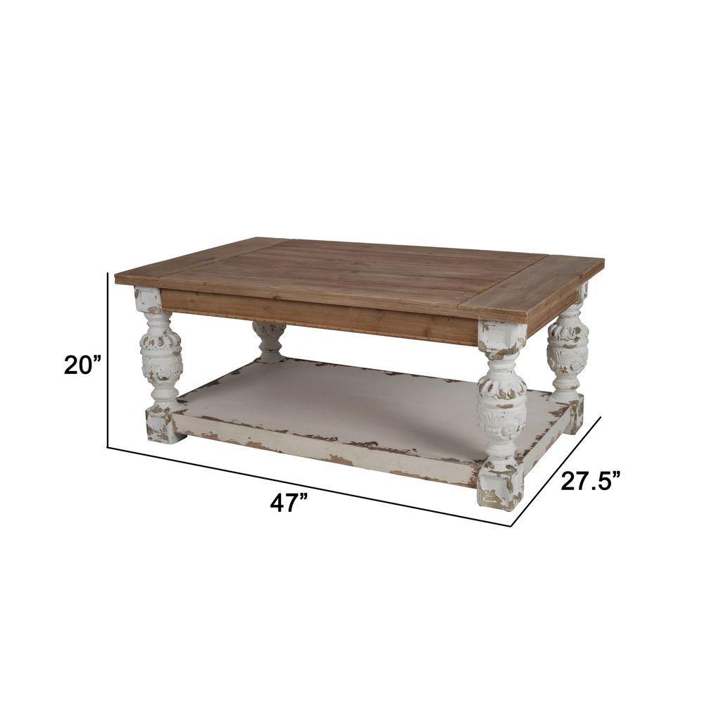 47 Inch Classic Coffee Table, Rectangular, Carved Leg, Bottom Shelf, Brown - View 5
