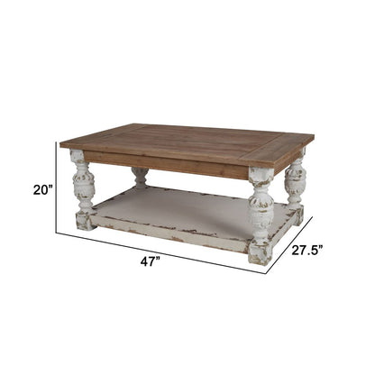 47 Inch Classic Coffee Table, Rectangular, Carved Leg, Bottom Shelf, Brown - View 5