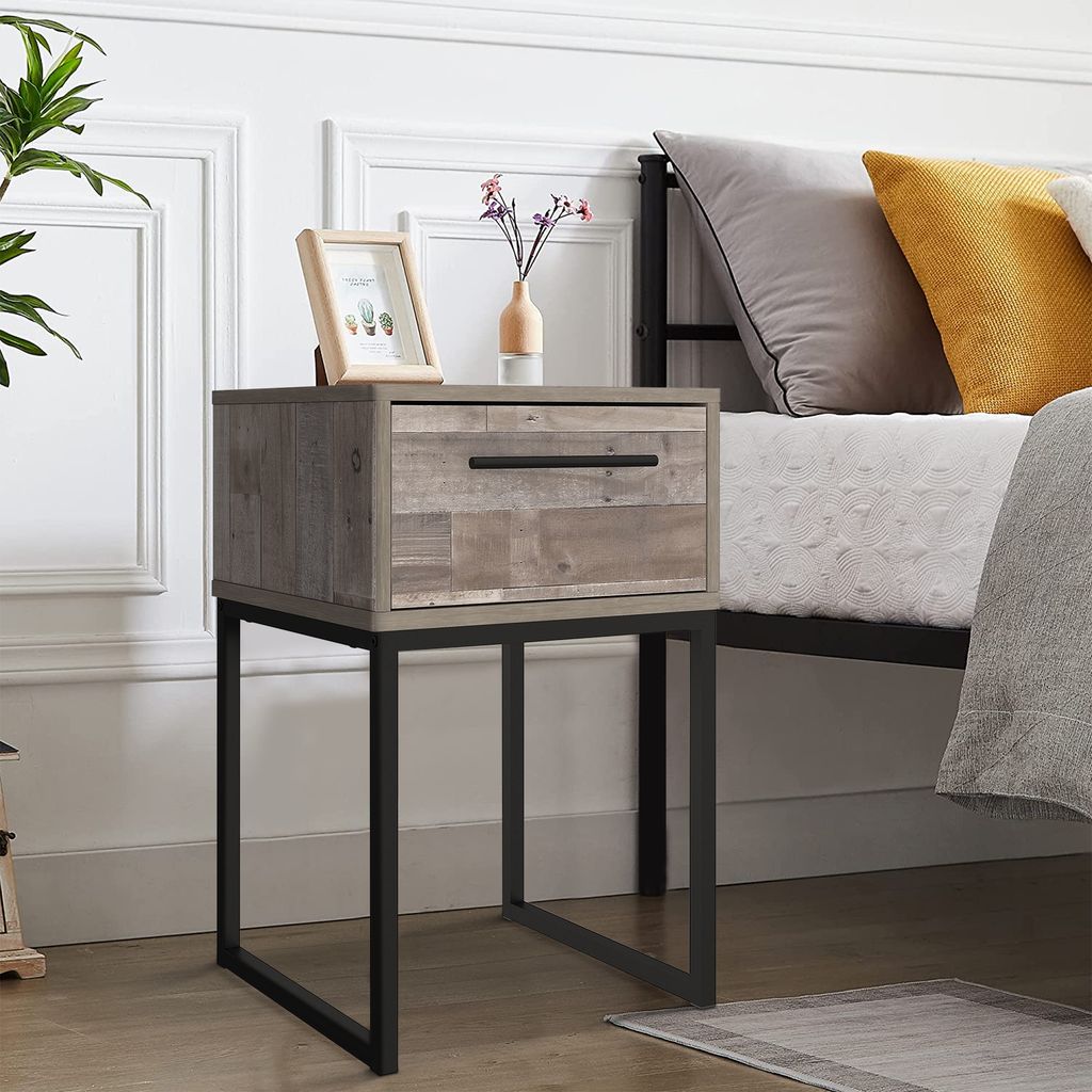Grace 20 Inch Modern Nightstand, Metal Base, 1 Drawer, Whitewashed Wood - View 6
