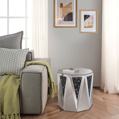 End Table With Octagonal Mirrored Top, Clear And Black - View 7