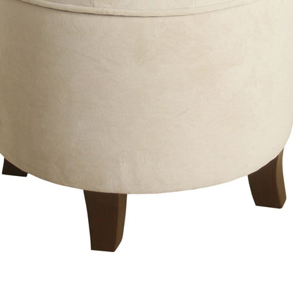 Button Tufted Velvet Upholstered Wooden Ottoman with Hidden Storage, Cream and Brown - View 4