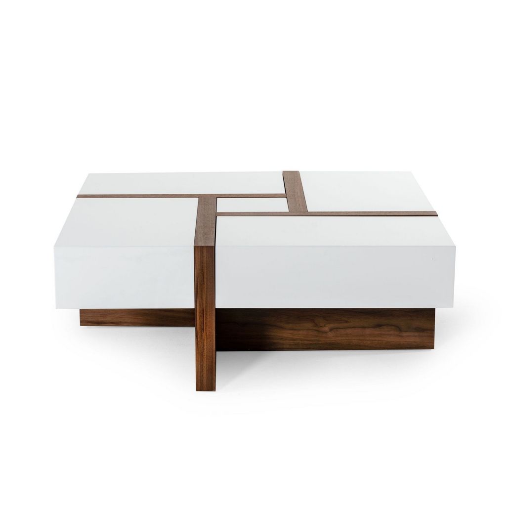 Cid 39 Inch Modern Wood Coffee Table, Puzzle Top Storage, White, Walnut - View 3