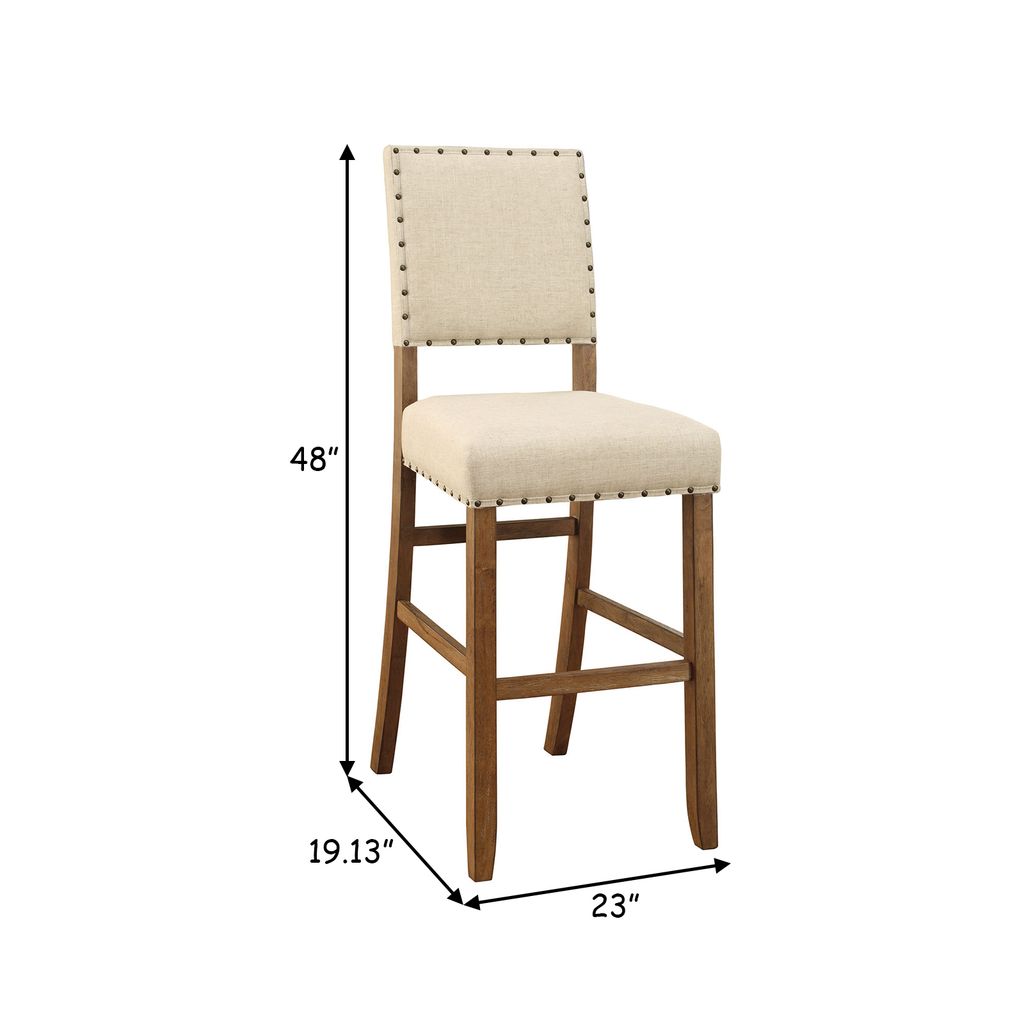Counter Height Chair, Beige Fabric, Nailhead Trim, Set of 2, Brown Wood Legs - View 6
