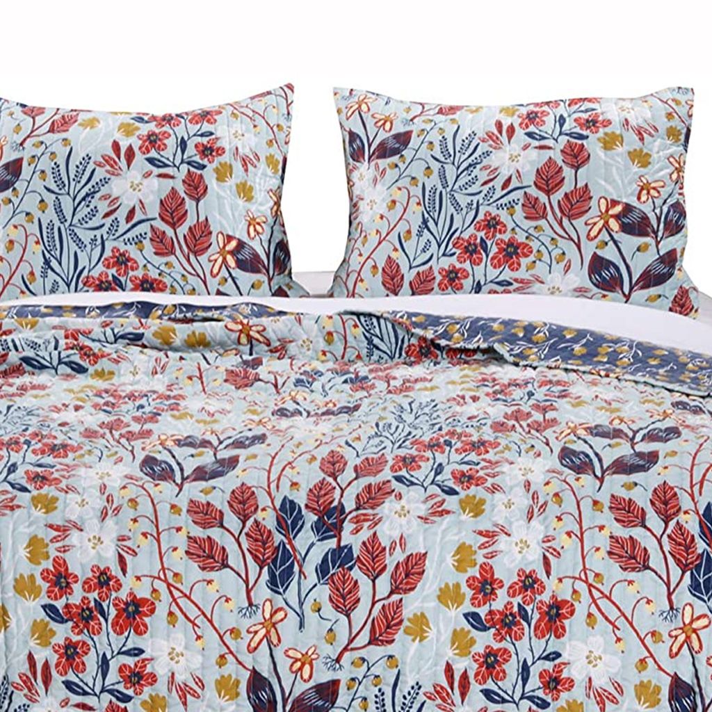 King Size 3 Piece Polyester Quilt Set with Floral Prints, Multicolor - View 5