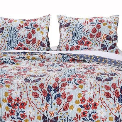 King Size 3 Piece Polyester Quilt Set with Floral Prints, Multicolor - View 5