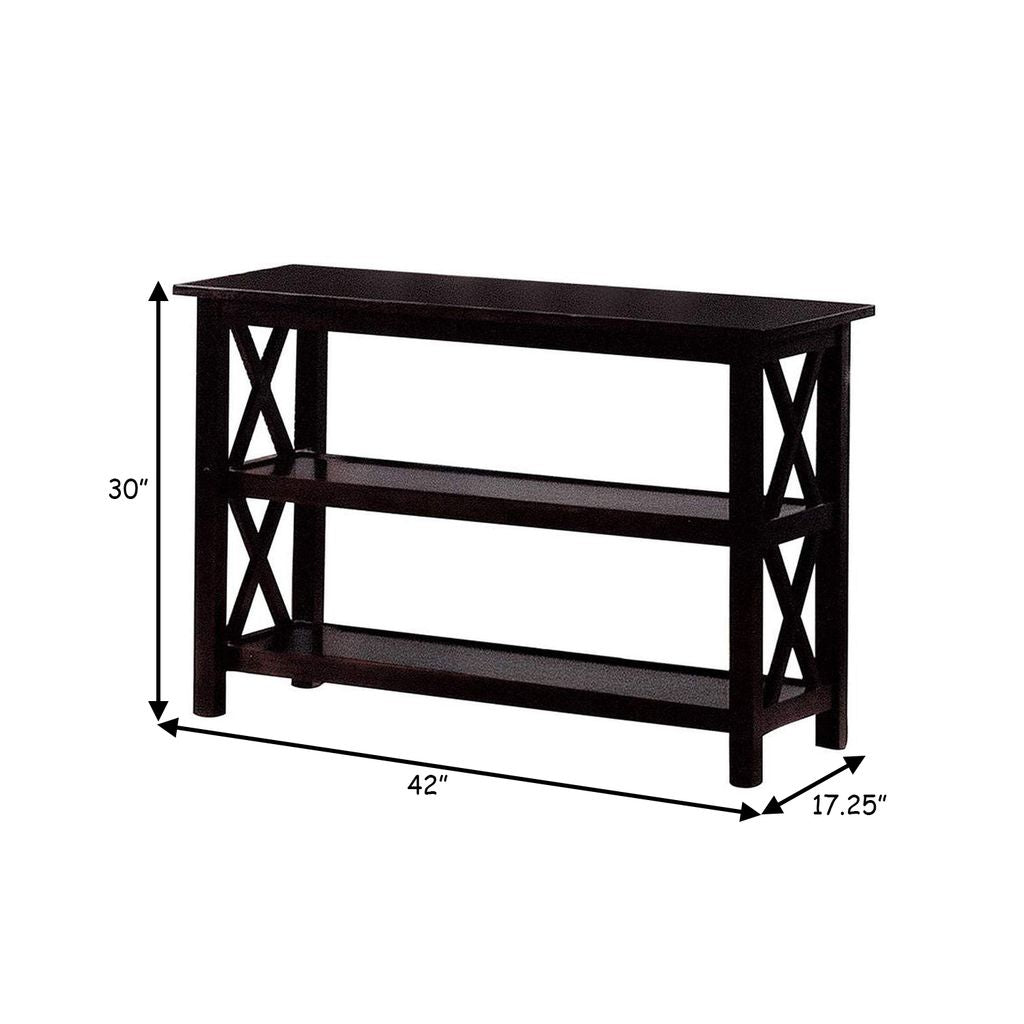 Transitional Wooden Sofa Table With "X" Side Design & Two Shelves, Dark Brown - View 6