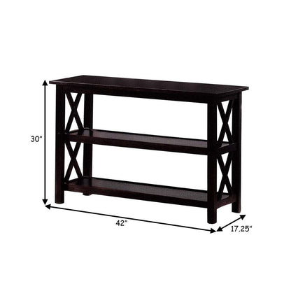 Transitional Wooden Sofa Table With "X" Side Design & Two Shelves, Dark Brown - View 6
