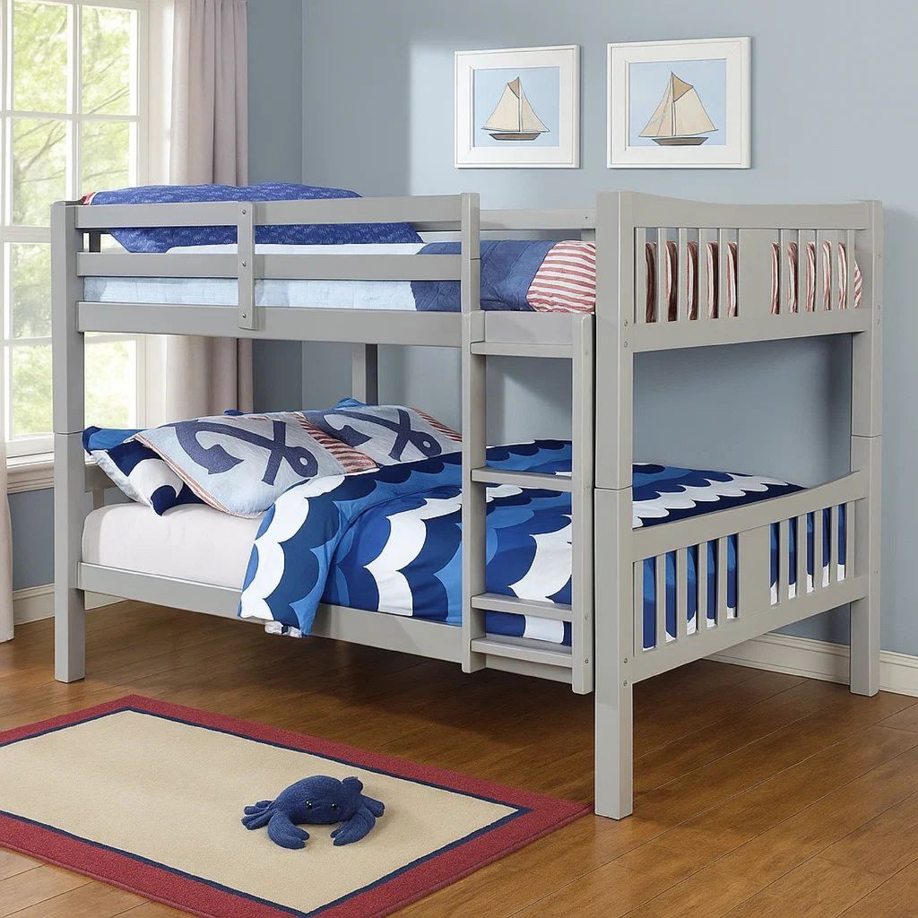 Slatted Full Over Full Bunk Bed with Attached Ladder, Gray - View 7