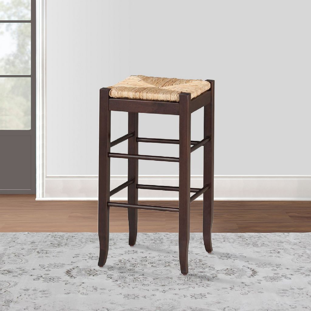 Rush Woven Wooden Frame Barstool with Saber Legs, Beige and Dark Brown - View 6