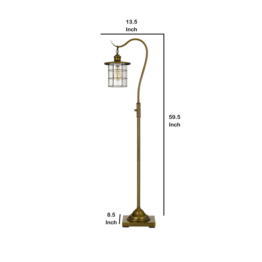 60 Inch Metal Downbridge Design Floor Lamp with Caged Shade, Antique Brass - View 5