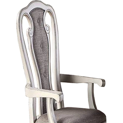 Wooden Arm Chair with Button Tufted Back, Set of 2, Cream and Gray - View 2