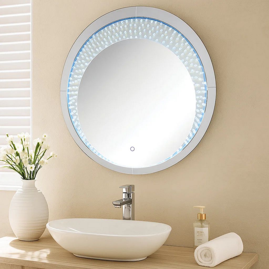 Round Accent Wall Decor with LED Bulb and Beveled Edges, Silver - View 7