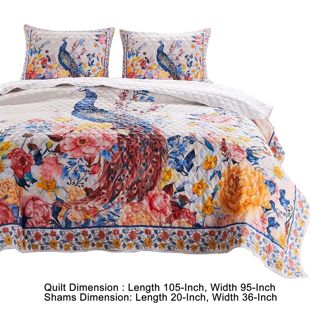Tess Microfiber 3 Piece King Quilt Set, Peacock, Floral Print, Multicolor - View 5