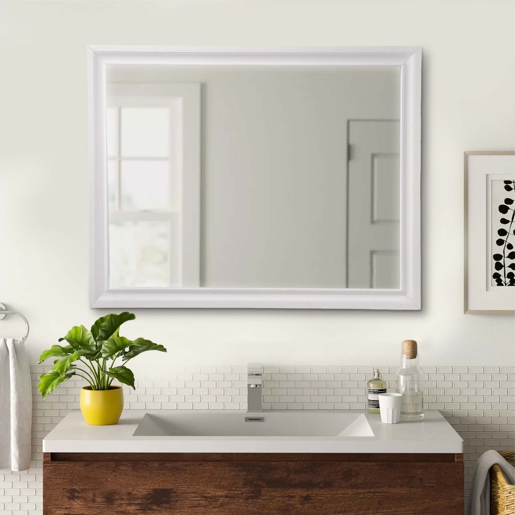 Wooden Rectangular Wall Mirror with Beveled Edges, White - View 7