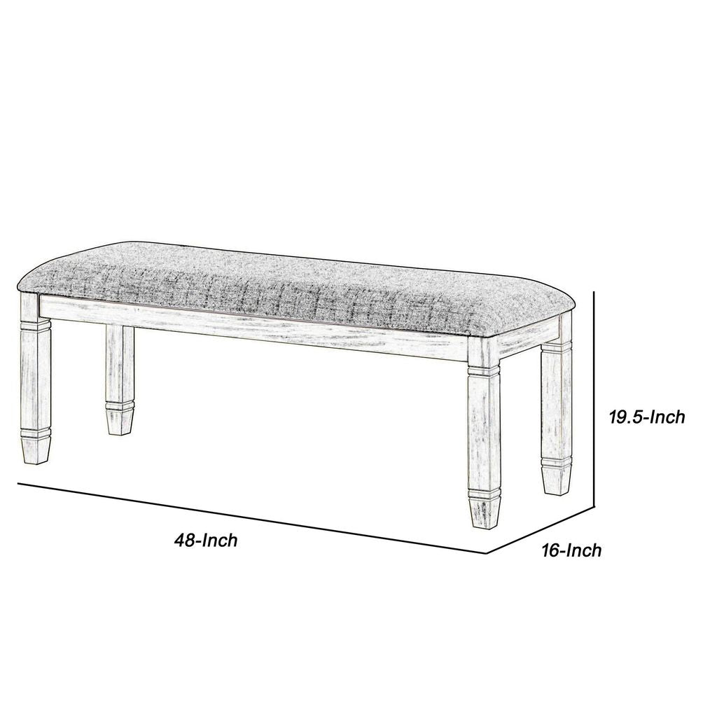 Fabric Upholstered Padded Bench with Tapered Feet, Antique White and Gray - View 5