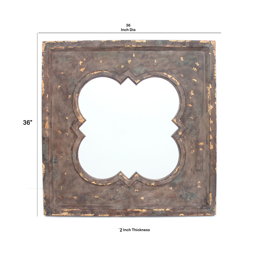 Quatrefoil Pattern Wood Mirror with Distressed Finish, Silver and Brown - View 6