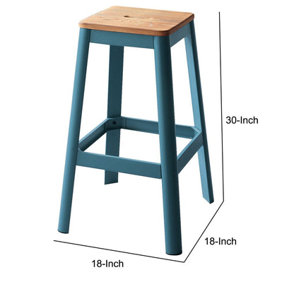 Industrial Style Metal Frame and Wooden Bar Stool, Brown and Blue - View 6