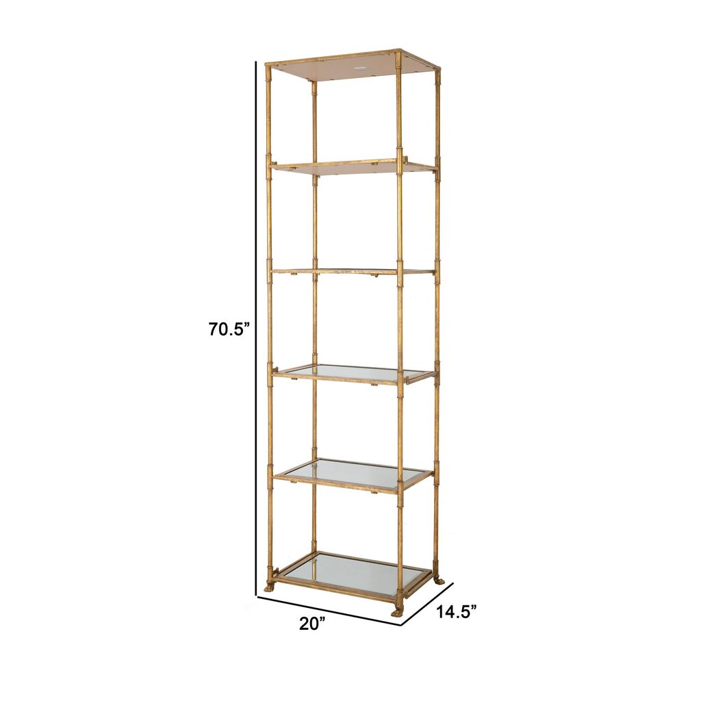 71 Inch Shelf, 6 Tier Design, 5 Glass Shelves, Iron Frame, Gold Finish - View 5