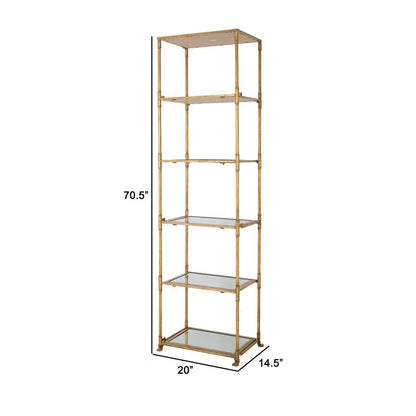 71 Inch Shelf, 6 Tier Design, 5 Glass Shelves, Iron Frame, Gold Finish - View 5
