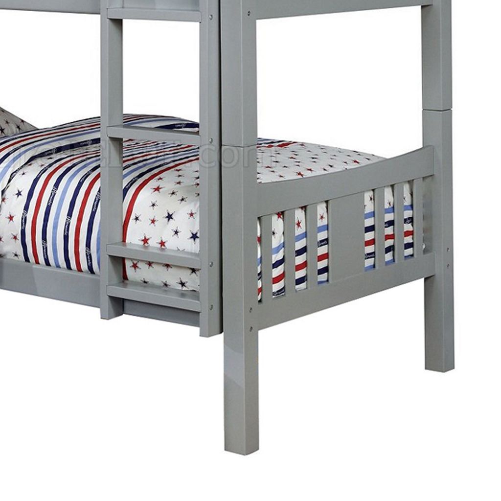 Slatted Twin Over Twin Bunk Bed with Attached Ladder, Gray - View 3