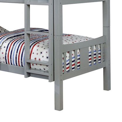 Slatted Twin Over Twin Bunk Bed with Attached Ladder, Gray - View 3