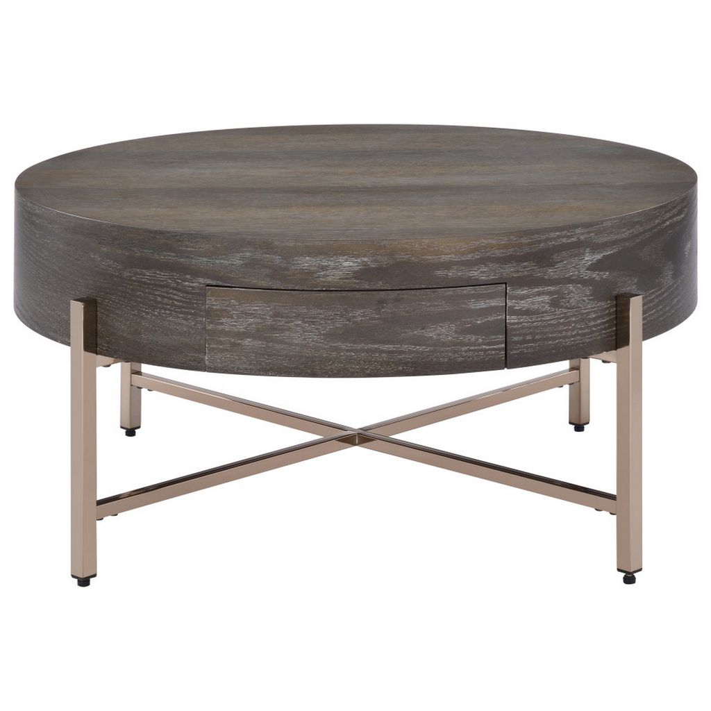 1 Drawer Round Modern Coffee Table with Crossed Metal Legs, Brown and Gold