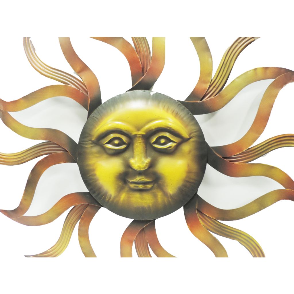 35 Inch Round Wall Mounted Sun Face Accent Decor, Carved Rustic Gold and Black Metal - View 2