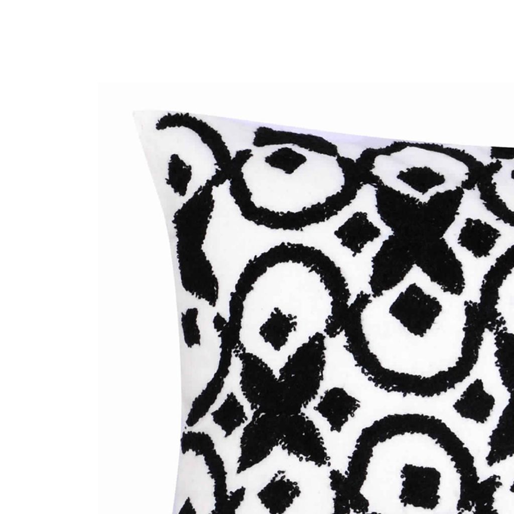20 x 16 Inch Cotton Pillow with Geometric Embroidery, White and Black - View 3