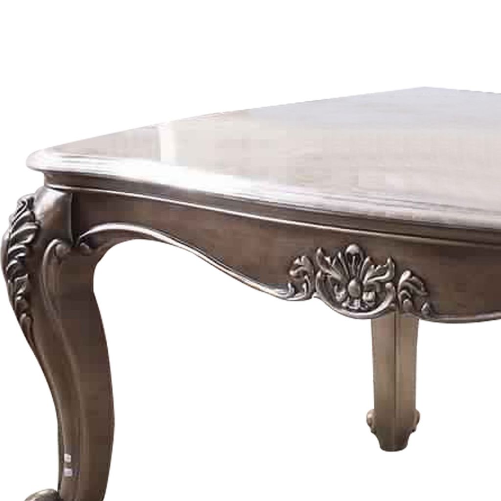 Faux Marble Top Engraved Wooden Frame Coffee Table, Off White and Gold - View 2