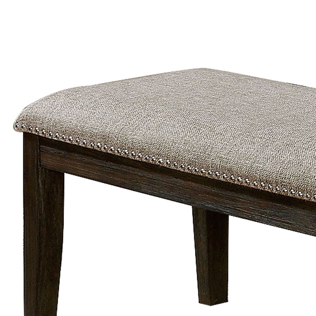 Fabric Upholstered Bench with Nailhead Trim and Tapered Legs, Gray and Espresso - View 5