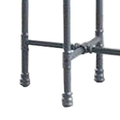End Table with Round Glass Top and Metal Pipe Style Legs, Gray - View 5