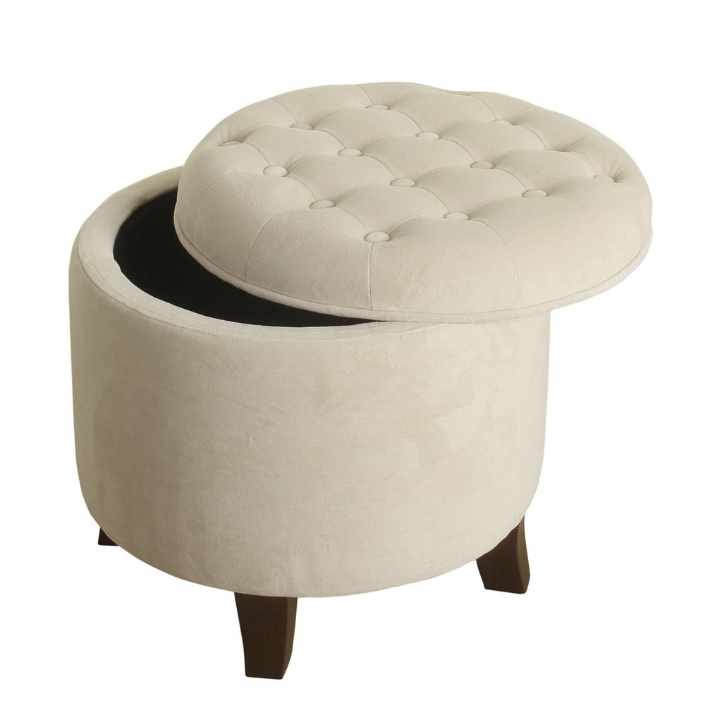 Button Tufted Velvet Upholstered Wooden Ottoman with Hidden Storage, Cream and Brown - View 3