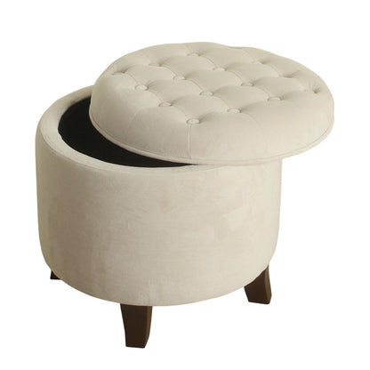 Button Tufted Velvet Upholstered Wooden Ottoman with Hidden Storage, Cream and Brown - View 3
