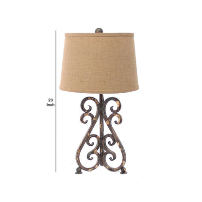 Metal Table Lamp Set of 2 with Scroll Design Base and 2 Way Switch,Bronze and Beige - View 6