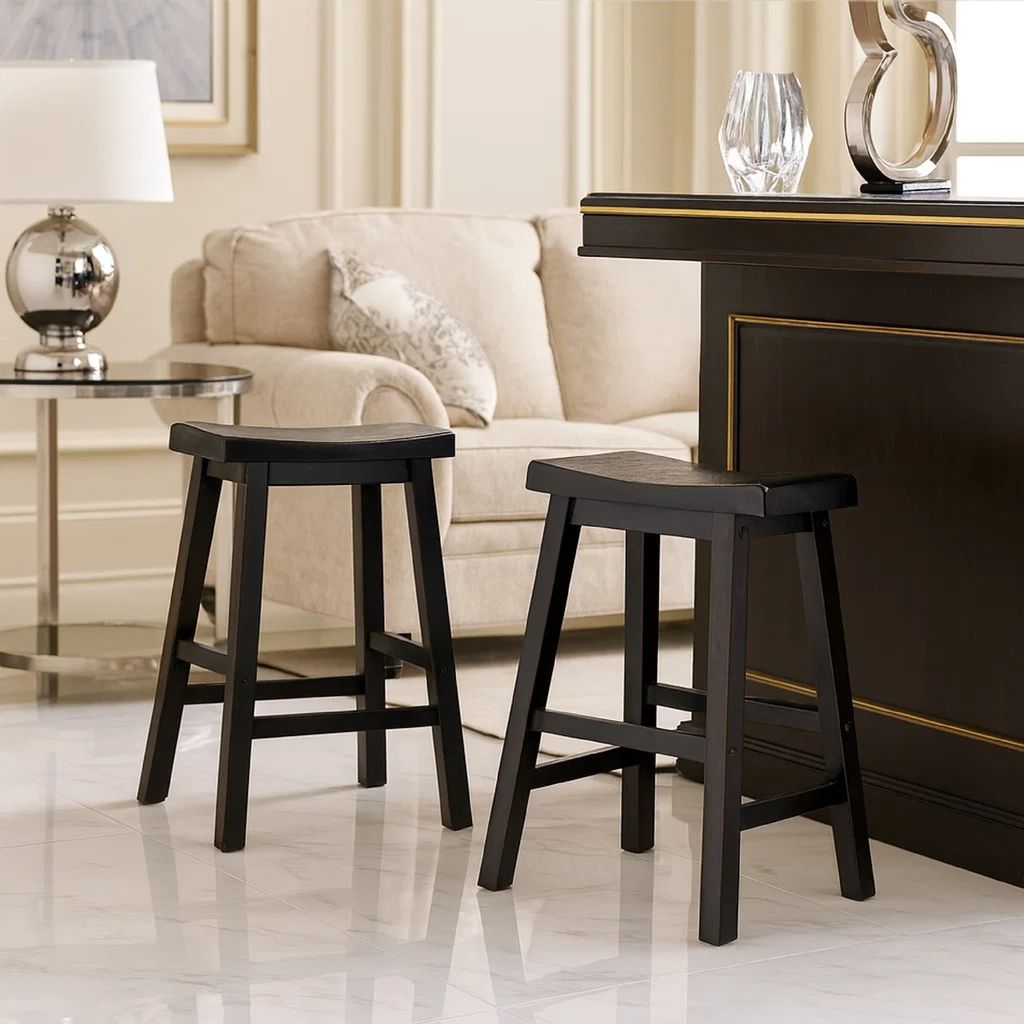 Wooden 24" Counter Height Stool with Saddle Seat, Black, Set of 2 - View 7