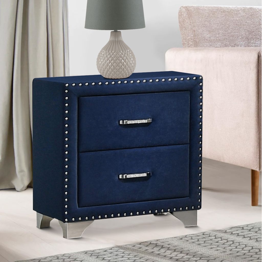 Cale 26 Inch Modern Wood Nightstand, Velvet Upholstered, Nailhead, Blue - View 6