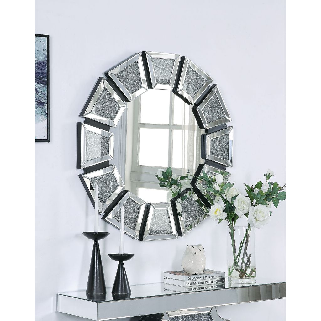 Wooden Backing Wall Decor with Tapered Mirrored Panel Borders, Clear and Black - View 7