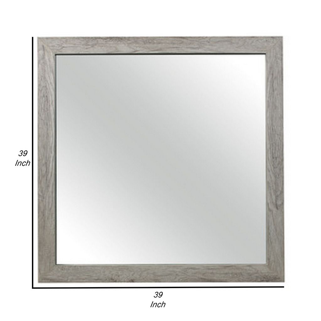 Zane 39 Inch Transitional Mirror, Square Wood Frame, Weathered Gray Veneer - View 5
