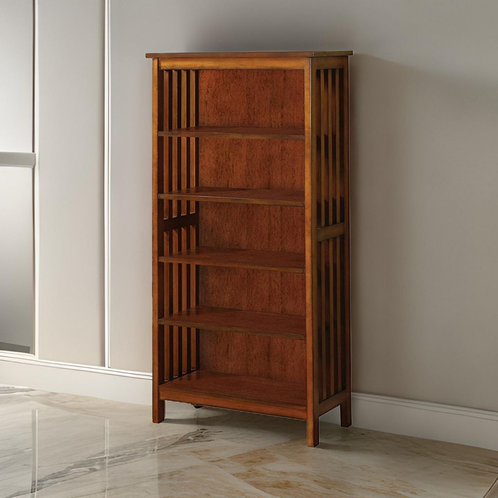 5 Tier Wooden Media Shelf with Slatted Side Panels, Oak Brown - View 7