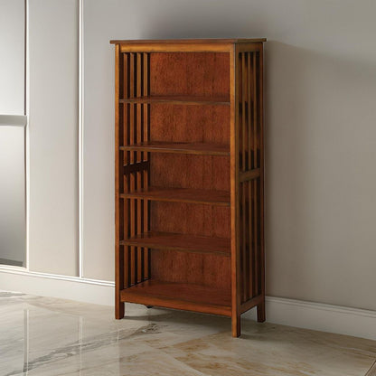 5 Tier Wooden Media Shelf with Slatted Side Panels, Oak Brown - View 7