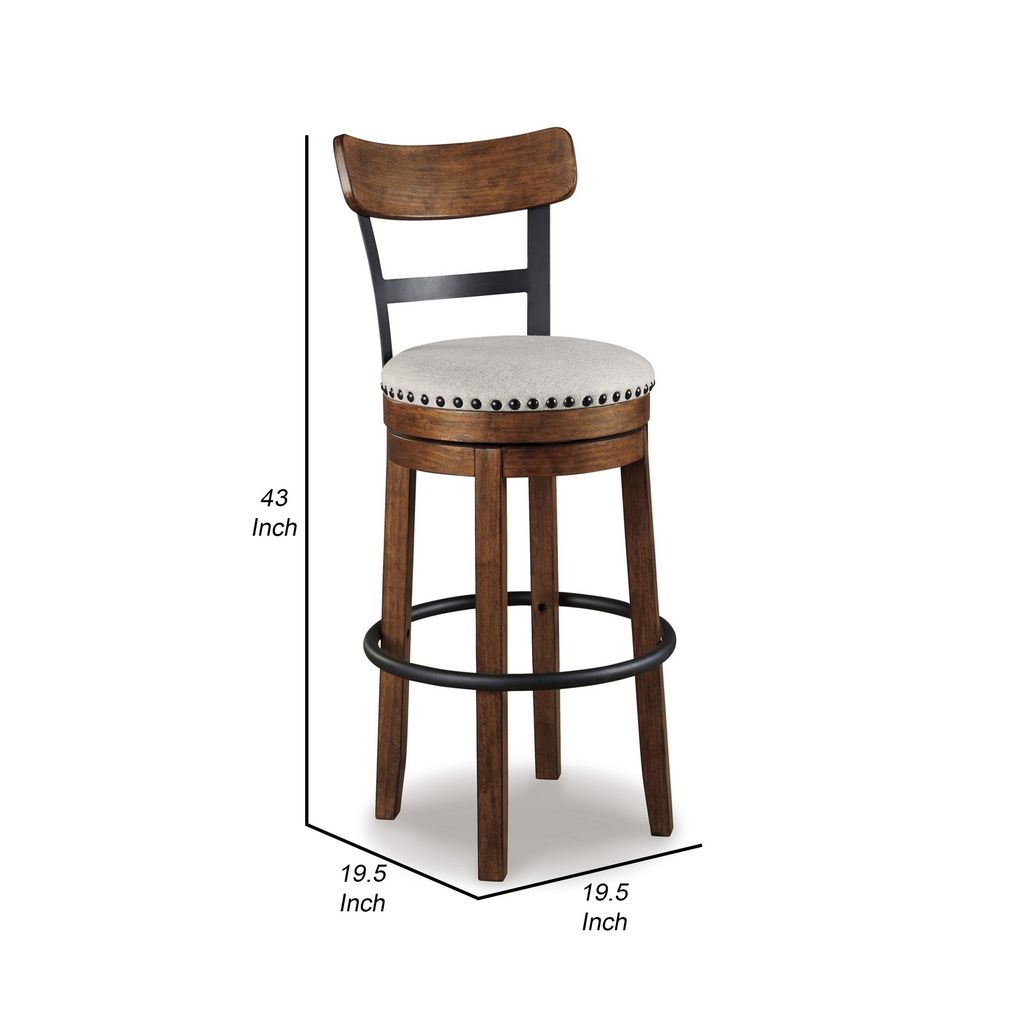 Zane 30 Inch Swivel Barstool, Round Cushioned Seat, Rich Brown Wood Frame - View 5
