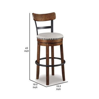 Zane 30 Inch Swivel Barstool, Round Cushioned Seat, Rich Brown Wood Frame - View 5