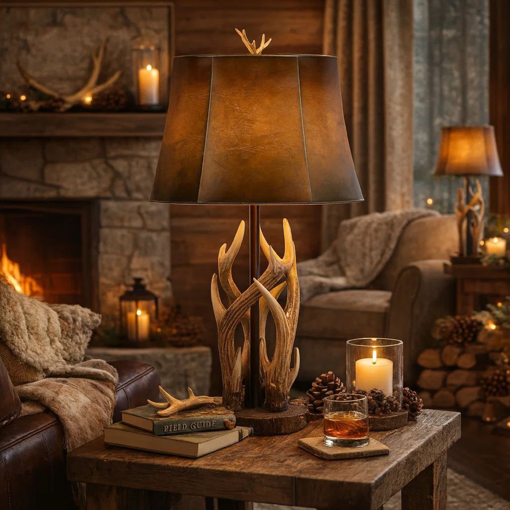 150 Watt Leatherette Shade Table Lamp with Antler Polyresin Base, Brown - View 7
